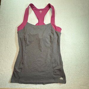 Alo Yoga Racer Back Tank Gray with Pink, Shelf Bra Womens Size M